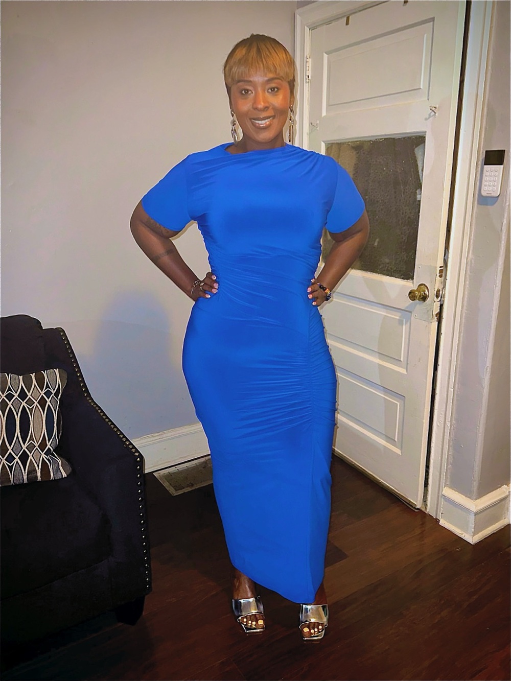 Fashion Nova Short-Sleeve Ruched Maxi Dress in Royal Blue
